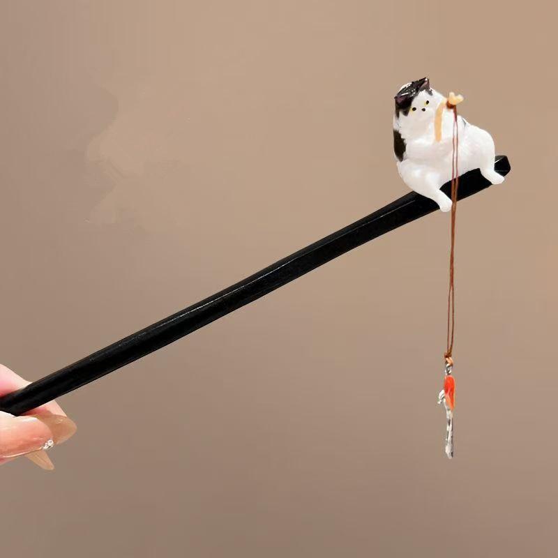 Retro Katze Angeln Holz Haarstab Quaste Schwarzes Sandelholz Hanfu Haarnadel Haarstäbe für Dutt Chinesischer Stil Hanfu Accessoires