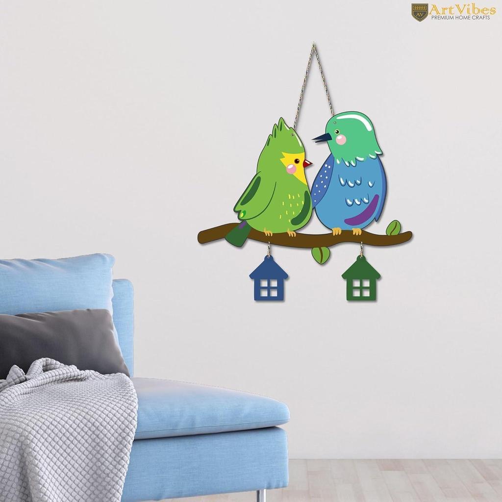 Cute Pair of Birds Wooden Wall Hanging for Home Decoration | Garden Balcony | Office | Cafe | Decorative Door Hanging | Festive Decor Art Items