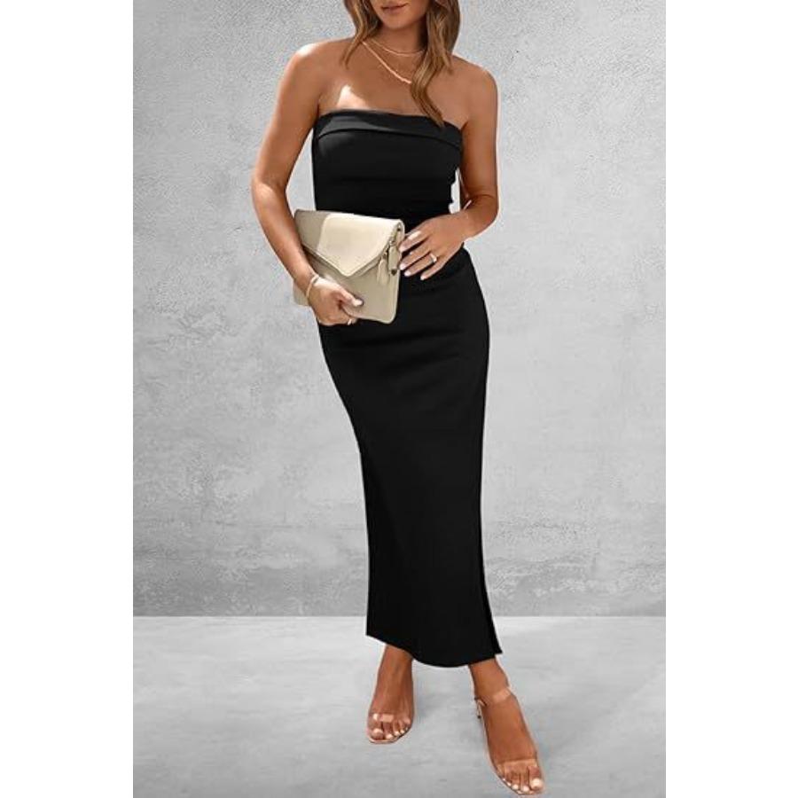Women's Spring Summer Long Dress Sexy Party Side Slit Strapless Tight Pit Stripe Cocktail & Evening Dresses
