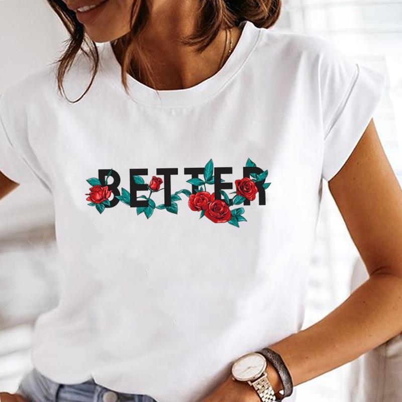 (Asian Size) flower letter Printed Tee Women Lady Female Top summer Clothing Casual T Shirt Fashion Graphic Short Sleeve T-shirts