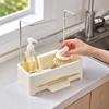 Kitchen Sink Storage Rack with ABS Plastic Basket, Removable Drain Tray and Raised Metal Bar for Hanging a Dishcloth