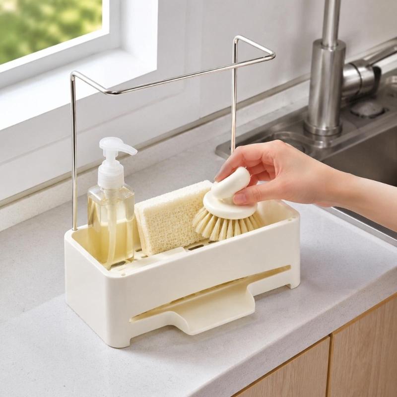 Kitchen Sink Storage Rack with ABS Plastic Basket, Removable Drain Tray and Raised Metal Bar for Hanging a Dishcloth