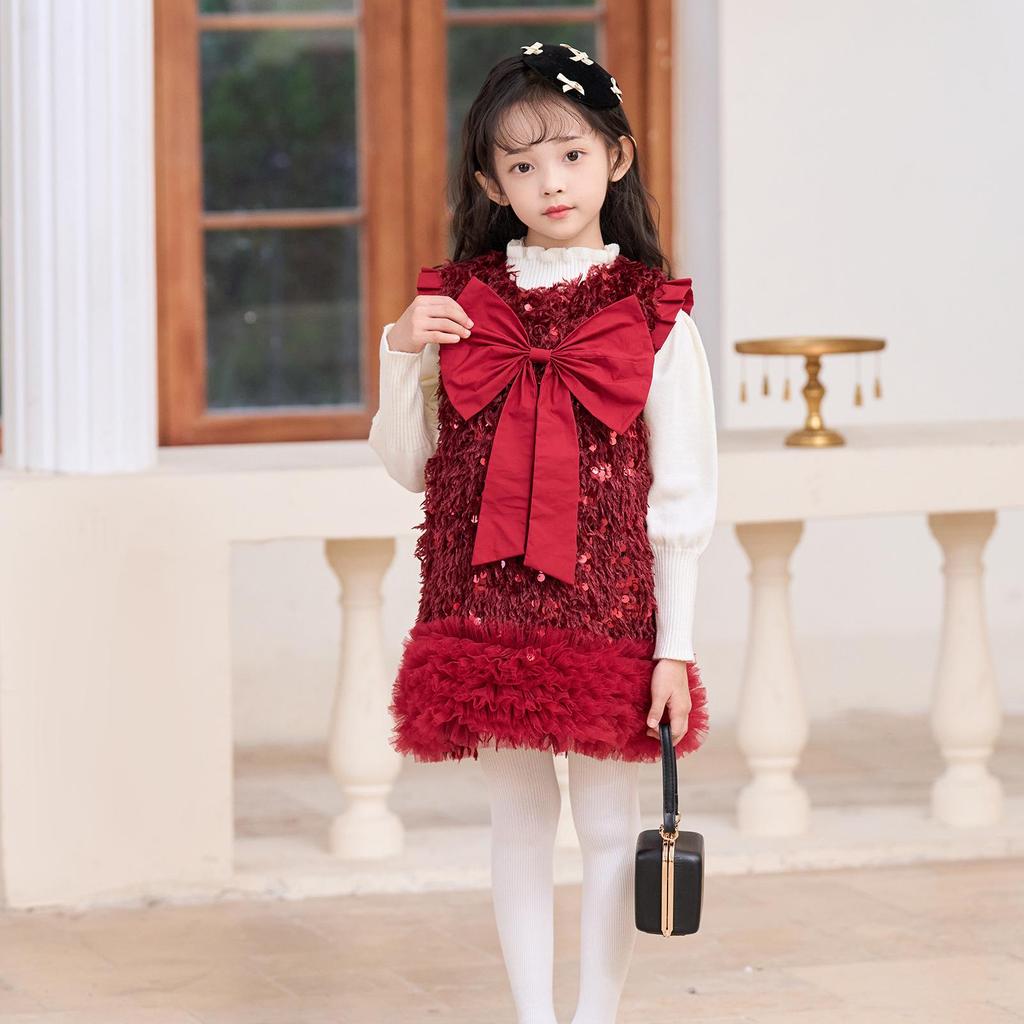 Baby Girl's Fluffy Sequin Bow Vest Dress - Korean Style Spring Party Princess Outfit