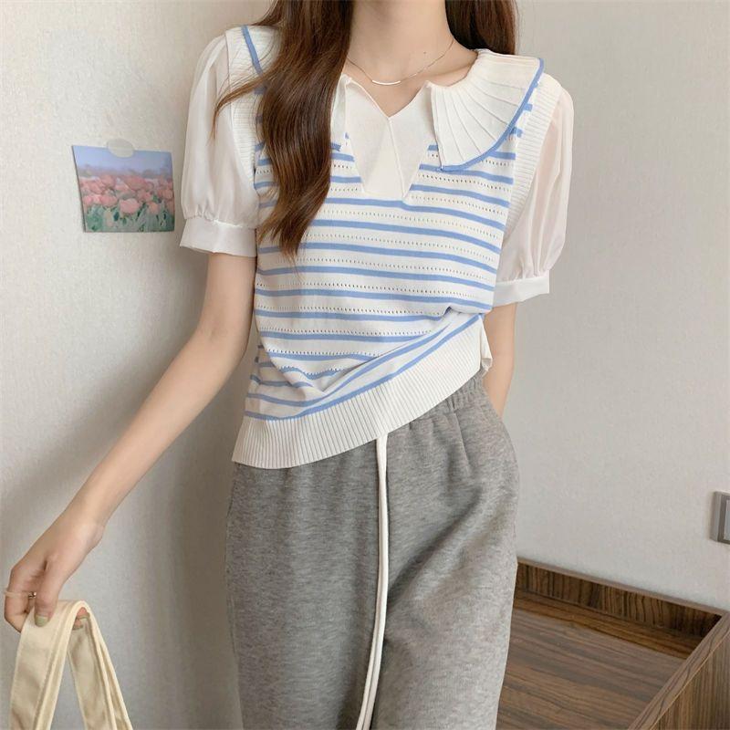 Fake Two Piece Shirt Patchwork V-neck Striped Polo Shirt Knitted T-shirt for Women's Design Sense Short Bubble Short Sleeved Top for Summer