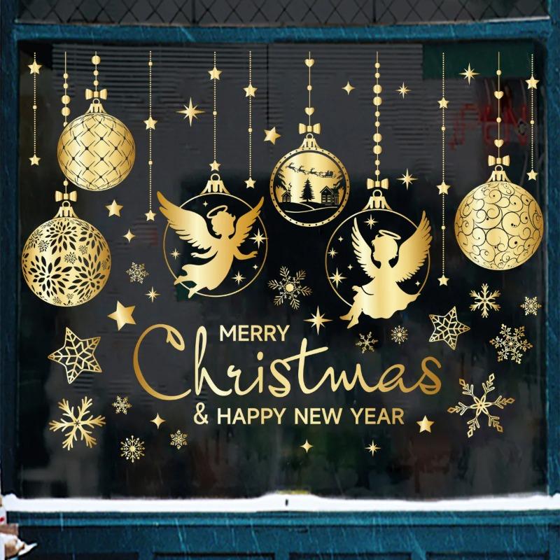 Festive Golden Star Christmas Tree Static Window Decals Reusable Glass Stickers Store Window Holiday Party Home Beautification