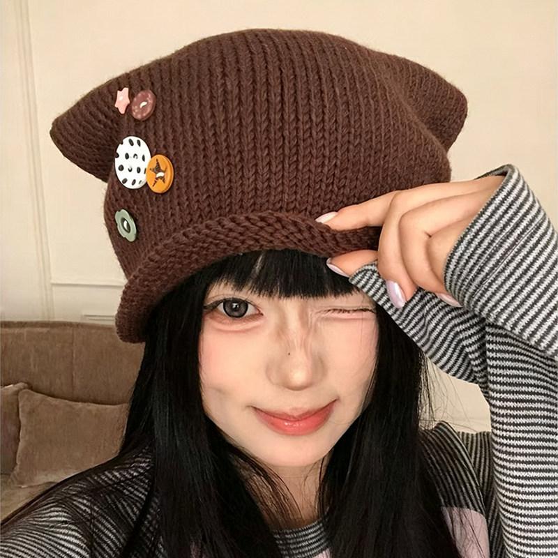 Soft girl wind cat ear button stack hat female autumn face small big head circumference headgear versatile knitted hat