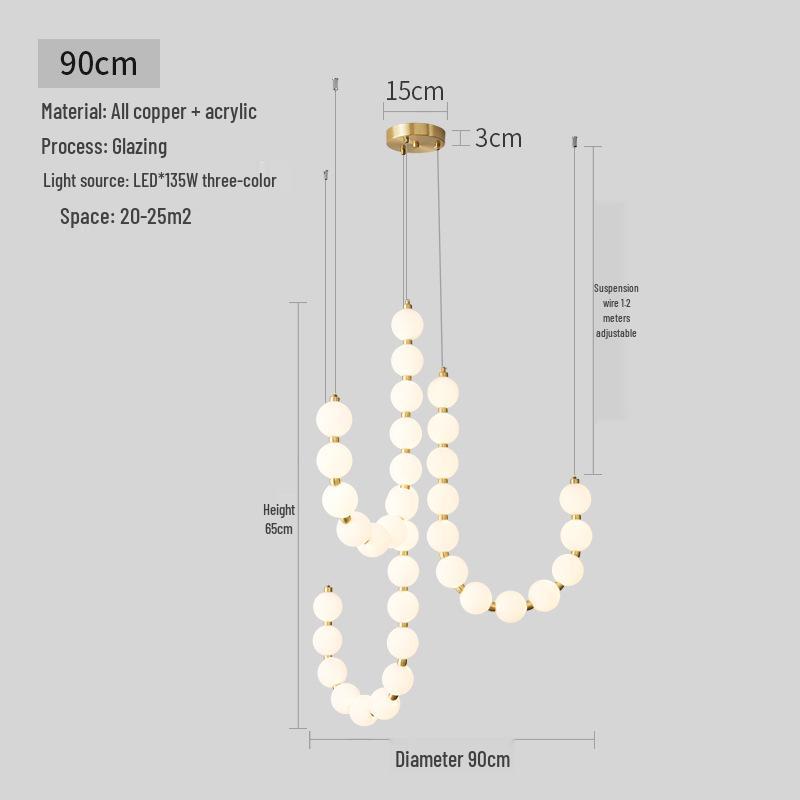 Nordic All-Copper Chandelier: French Pearl Necklace Design with Buddhist Beads and Acrylic for Dining and Living Rooms