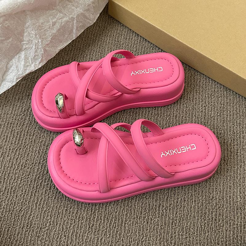 Fashion Female Sandal Comfort Shoes for Women With Heel Cross 2025 Summer Muffins shoe Girls Beige New Velvet Thick Low Beach Fash