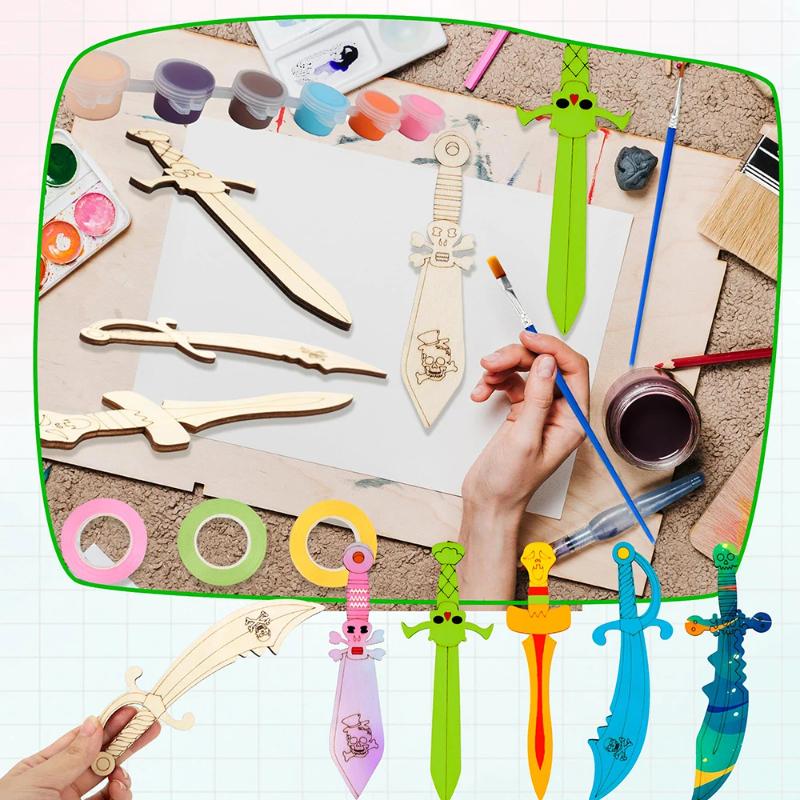 16pcs Kids Wooden Swords Set Unfinished Pirate Themed Painting Props Halloween Art Activity Supplies for Birthday Cosplay