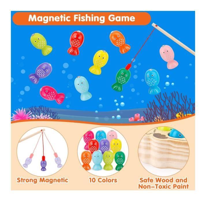 Jouet en Bois - Non spécifié - Jeu de Pêche Magnétique - 10 Poissons - 2 Canes à Pêche - Mixte 2 Ans