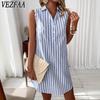 VEZFAA Moda Donna Estate Primavera Stampa a Righe Senza Maniche Collo Polo Vita Larga Abiti Casual