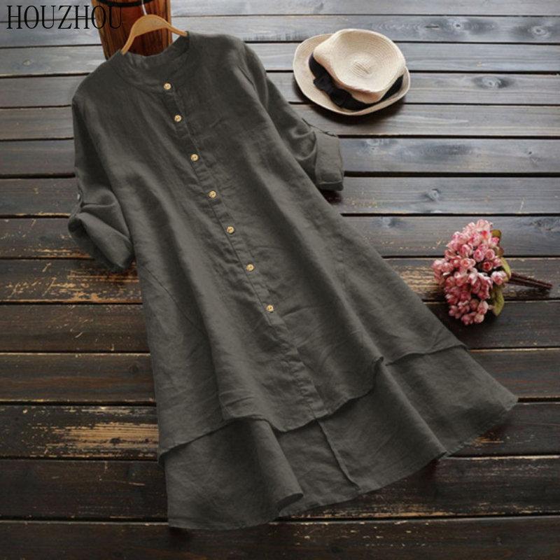 HOUZHOU Solid Cotton Linen Shirt Women Button Round Neck Long Sleeve Shirt Elegant Basic Office Ladies