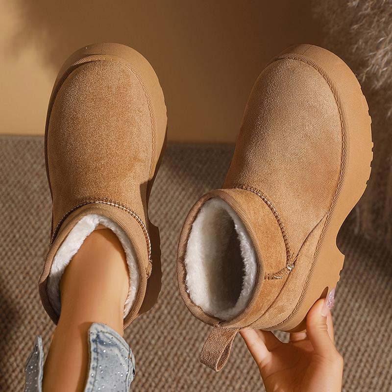 Moda 2025 Yeni Süet Görünümlü Kalın Topuklu Kar Botları Kadın Slip On Sıcak Peluş Kışlık Bot Kadın Rahat Kaymaz Platform Bilekte Bot Mujer