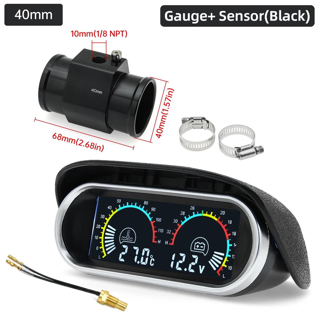 AD 2 in 1 Digitaler Wassertemperaturmesser Voltmeter 12V24V Spannungs-Temperatur-Sensor Kopfstecker Verbindungsschlauch Sensor Kühlerschlauchadapter