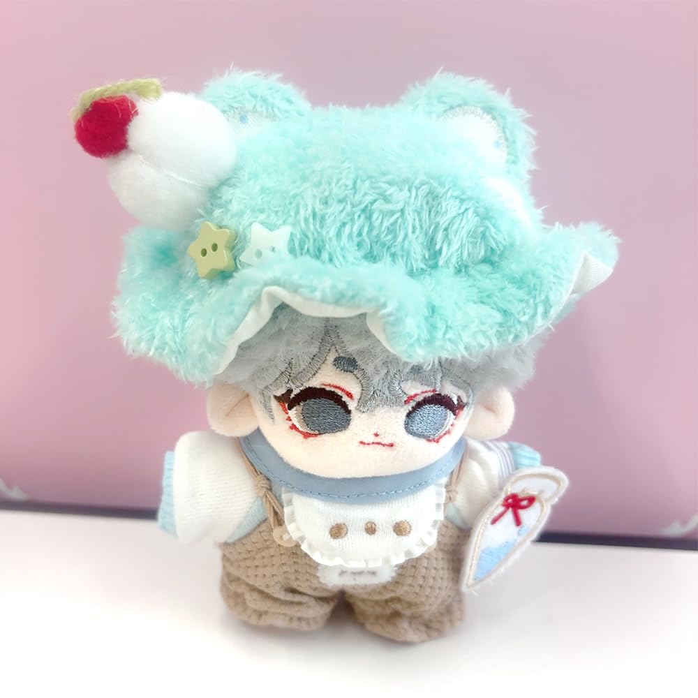 Hat, Bib, T-Shirt, and Overalls Set (Mint) for 10cm Plush Toy, Kigurumi Accessories, Otaku Activities, Doll, Mascot, Kpopdoll Costume [Used]