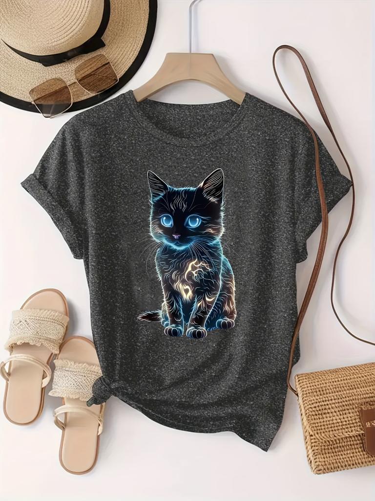 Neon Glow Kitten Womens Tee Futuristic Cat Graphic Casual Black Top