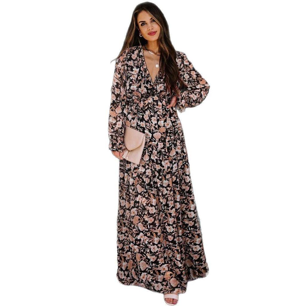 2025 Women's Fashion Long Sleeve Evening Dress - European & American Print Design