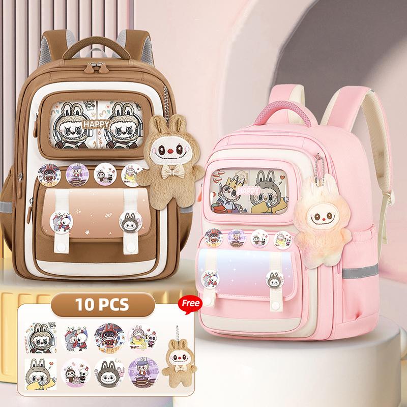 Shool Backapck 10pcs Sets Bag LABUBU Schoolbag Children's Primary School Students Grade 1-6 Backpack To Reduce The Burden On The Backpack