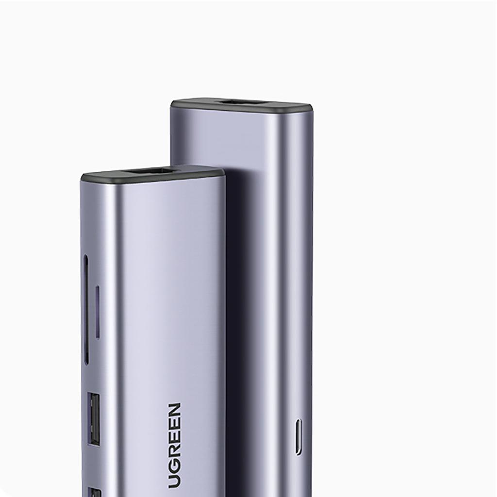 Ugreen CM512 Multiport USB-C Hub: Dual USB-A 3.0, HDMI, Ethernet, SD/TF Card Reader, 100W Power Delivery - Gray