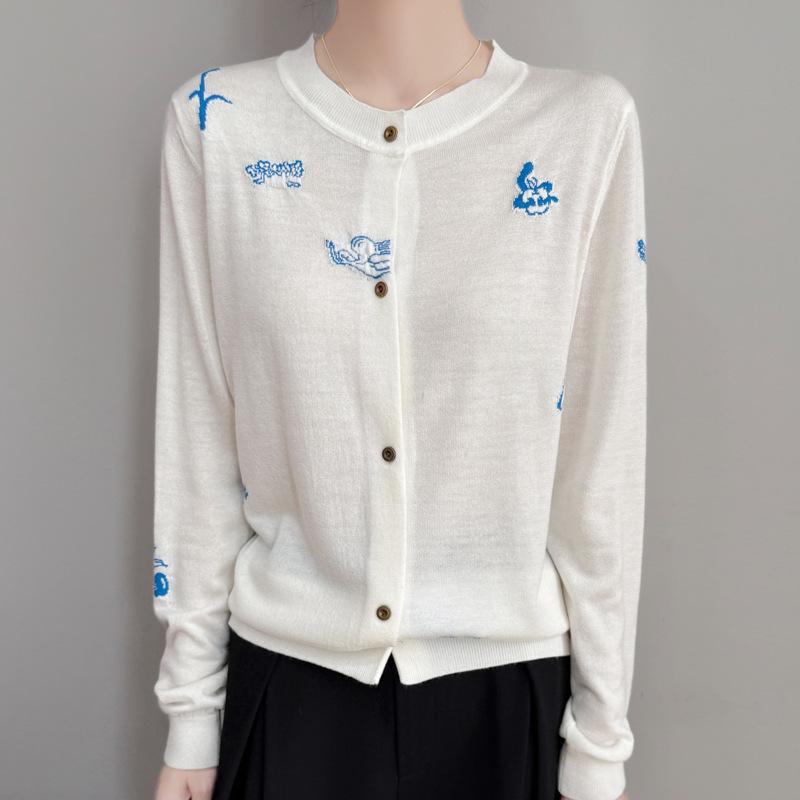 Nový jarní pletený kardigan s kulatým výstřihem a výšivkou, volný a všestranný design