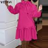 VONDA Women Plus Size Stand Collar Tie Decorated Long Sleeve Solid Color Dresses