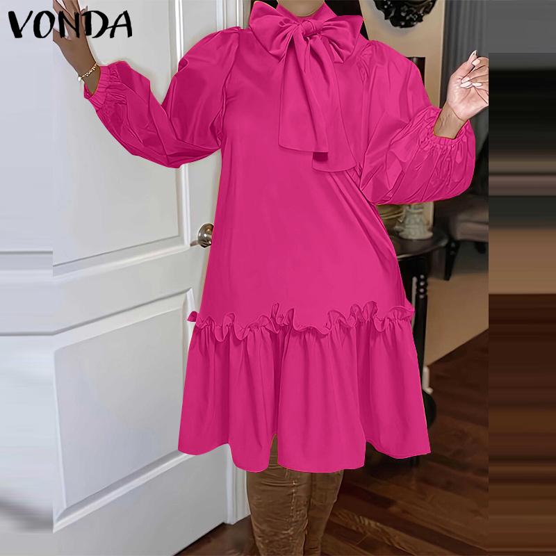VONDA Women Plus Size Stand Collar Tie Decorated Long Sleeve Solid Color Dresses