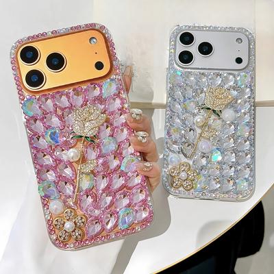 Glitter Rhinestone Phone Case For Samsung Galaxy A42 A33 A53 A73 A20 A30 A50 A70 A21S A50S A30S A20S A70S 5G Pink Crystal Diamond Rose Flower Design