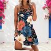 Women Plus Size Criss Cross Neck Strappy Sleeveless Floral Printed Curved Hem Black Dress