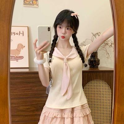 Women's Summer Sweet Doll Collar Tie-Up Short Sleeve Slim-Fit T-Shirt, Korean Style, Versatile & Chic.