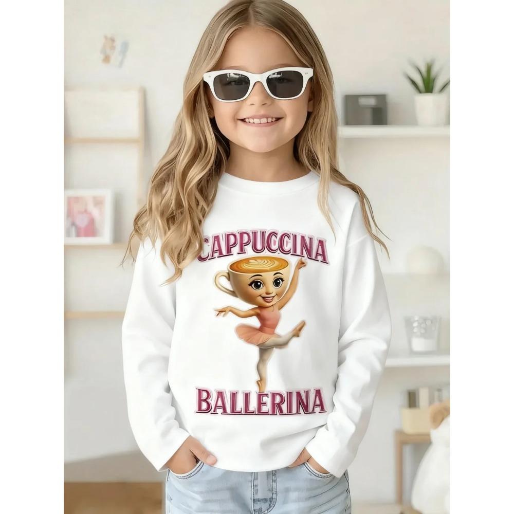 Spring and Autumn Round Neck 3D Cappuccina Ballerina Printed Top Fashionable Casual Long Sleeved Children's Girl T-shirts
