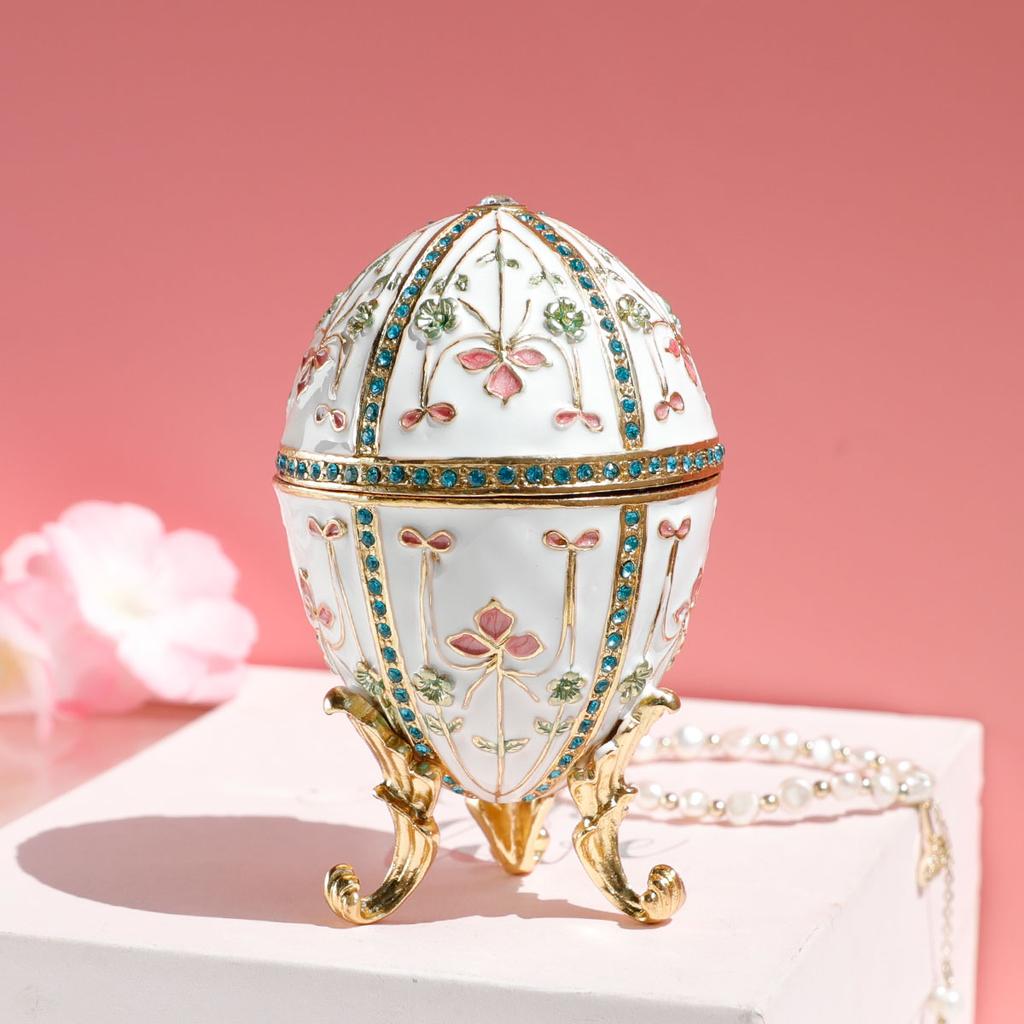 Russian Enamel Easter Egg Jewelry Box Handmade Metal Craft Gift for Women