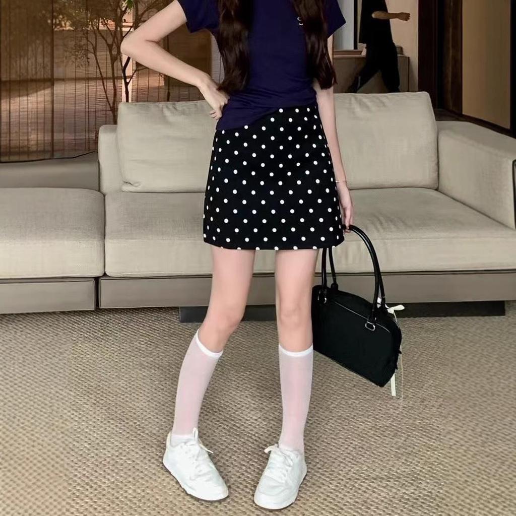 Women's High-Waist Black Polka Dot A-Line Midi Skirt - Summer 2024