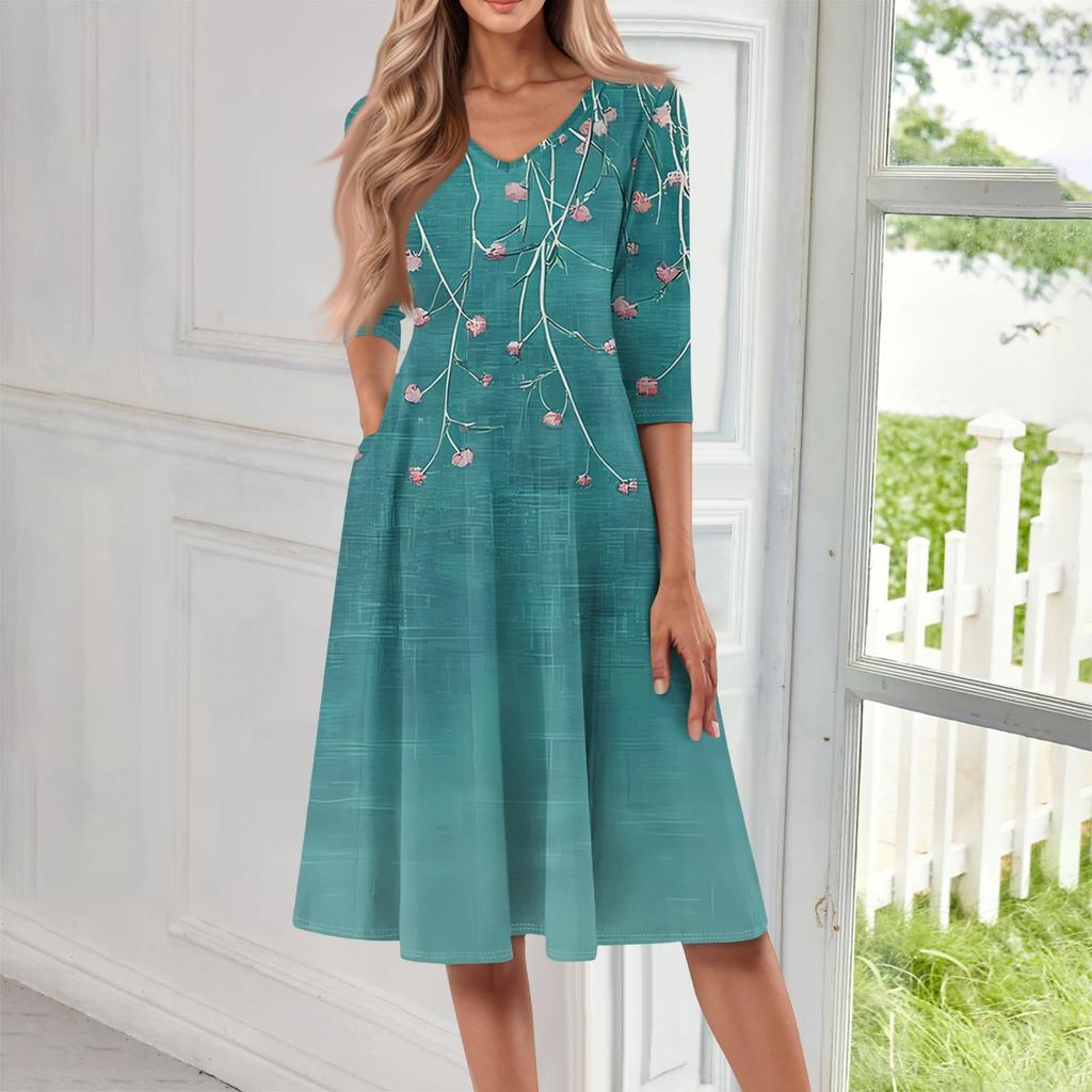 Women's Casual Fashion V Neck Three Quarter Sleeve Print Midi Dress