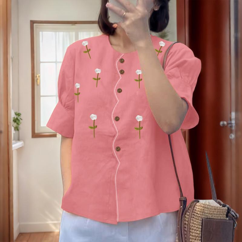 

ZANZEA Женская повседневная блузка с круглым вырезом, цветочной вышивкой и рукавом до локтя 4XL