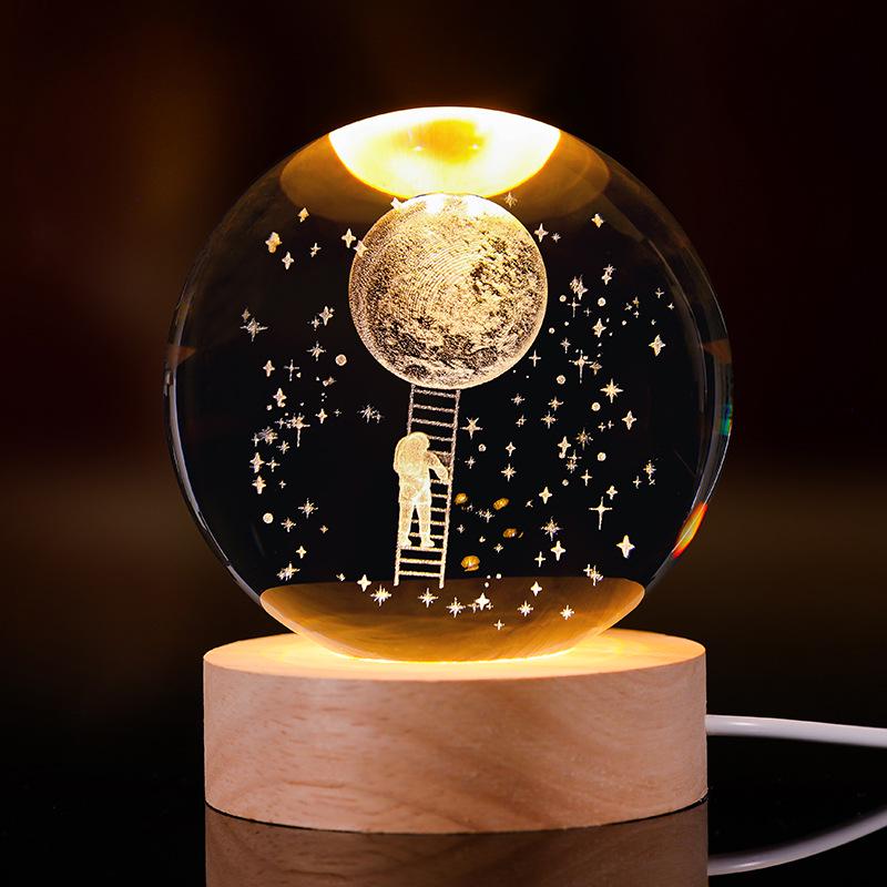 3D Starry Sky Crystal Ball Night Light with Solid Wood Base - Luminous Desktop Ornament & Birthday Gift