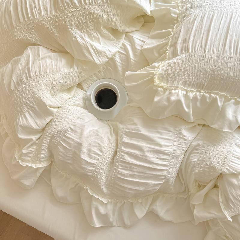 Set Biancheria da Letto in Pizzo Seersucker Stile Ins Cotone Lavato Coreano Copripiumino 4 Pezzi Copripiumino Colore Unito per Decorazione Casa Ragazza