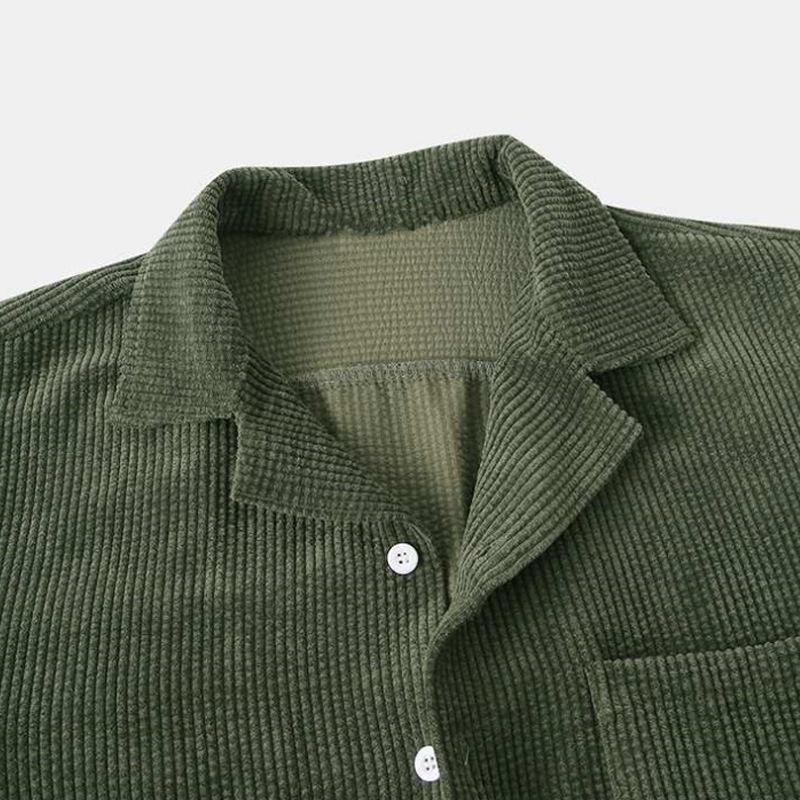 Completo Sportivo Casual da Uomo in Velluto a Coste Monocolore Estivo con Camicia a Maniche Corte e Pantaloncini