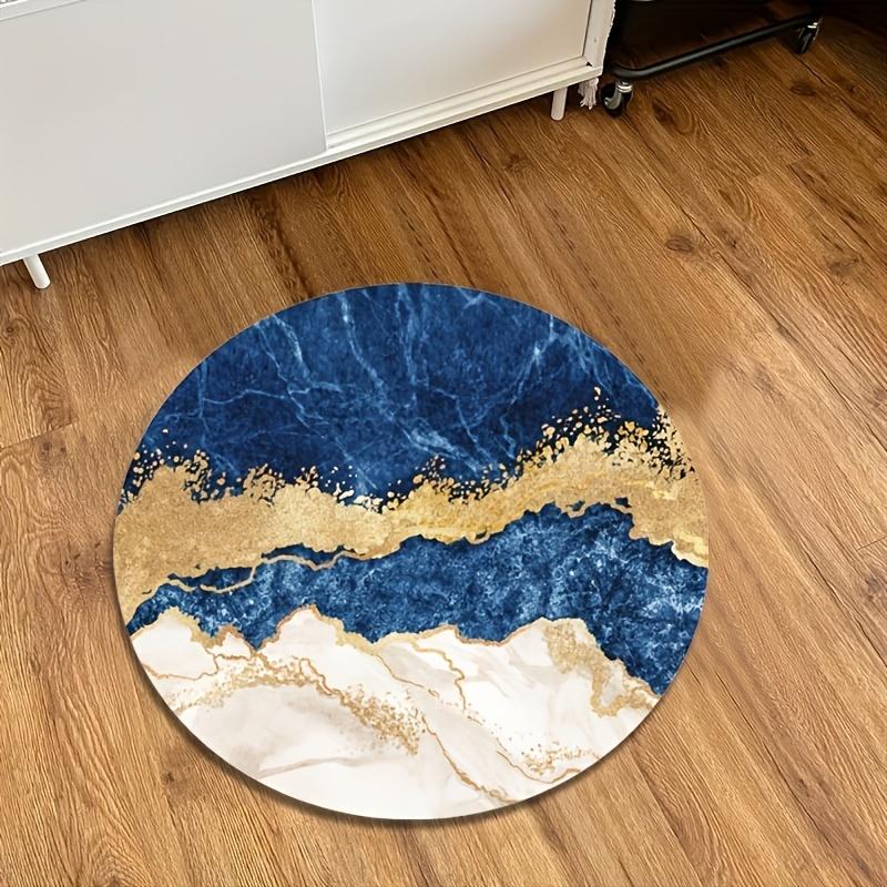 Luxurious Golden and Blue Marble Round Area Rug Non-Slip Soft Decorative Floor Mat for Living Room Bedroom Office Dining Room