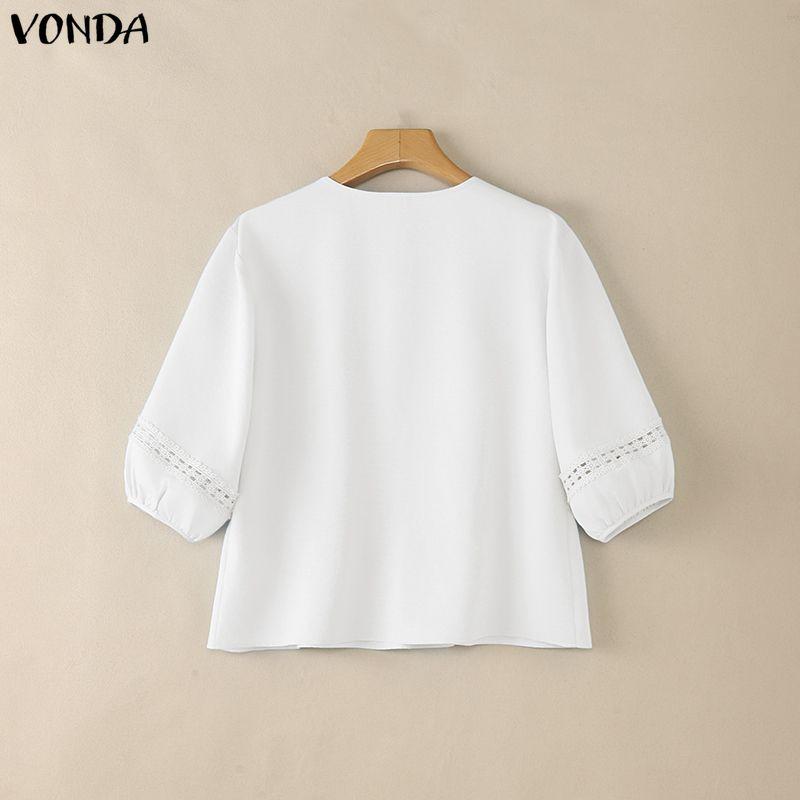 ZANZEA Summer Women Round Neck Solid Color 3/4 Sleeve Crochet Casual Blouse