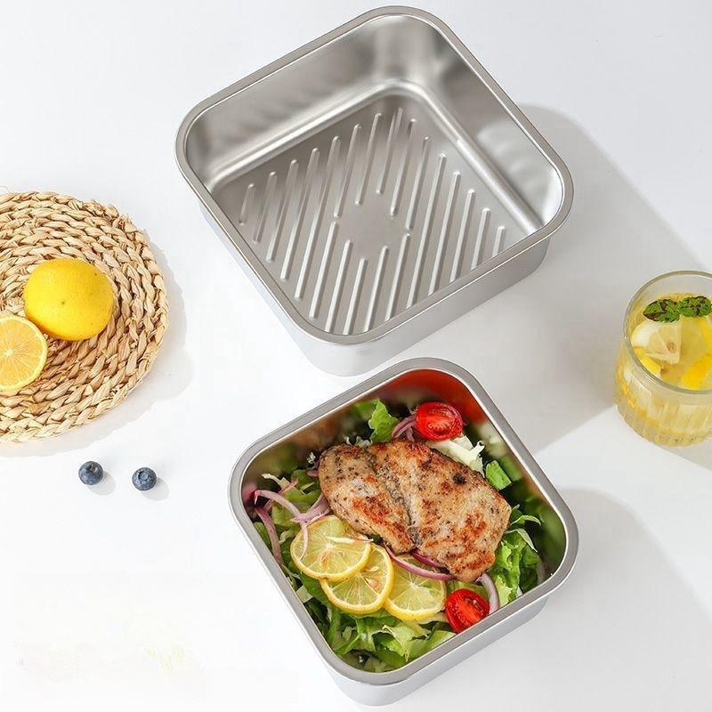 Portable Stainless Steel Fruit Salad Food Container Large Capacity Seal Lunch Box With Handle Lid Camping Picnic Bento Box