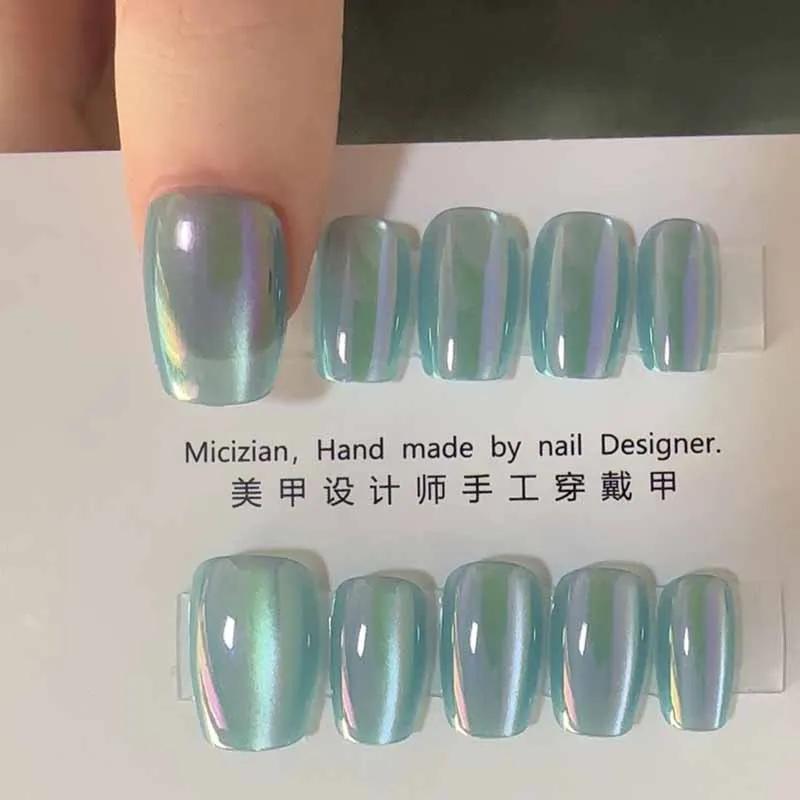 10 Pcs Aurora Series Women Solid Simple Cat Eye Handmade Press On Nails Nail Art Fake Nails
