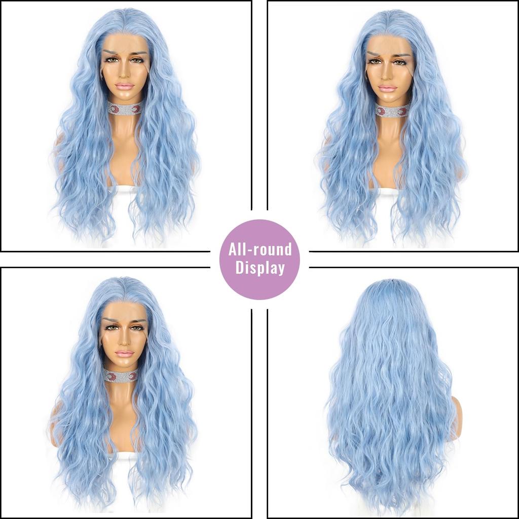 Blue Wavy 13×4 Lace Front Wig Long Hair Ice Blue Wigs for Women Heat Resistant Hair Daily Use Cosplay Party Halloween Wig 24inch