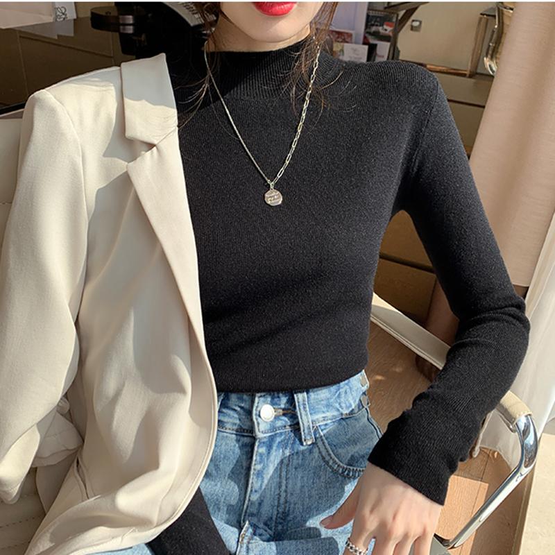 Pulover cu gât țesut pentru femei Topuri elastice pentru femei Pulovere tricotate cu mânecă lungă Pulover tricotat cu fundul