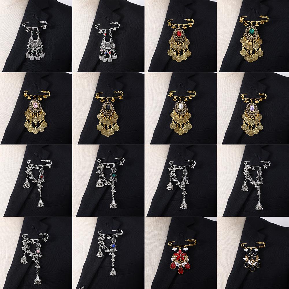 Bohemian Rhinestone Flower Tassel Brooch for Women - Exotic Style Suit Coat Pin