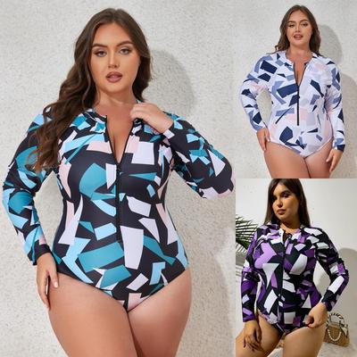 Digital Printing Long-sleeved One-piece Briefs Zipper Multi-color Fat Swimsuit