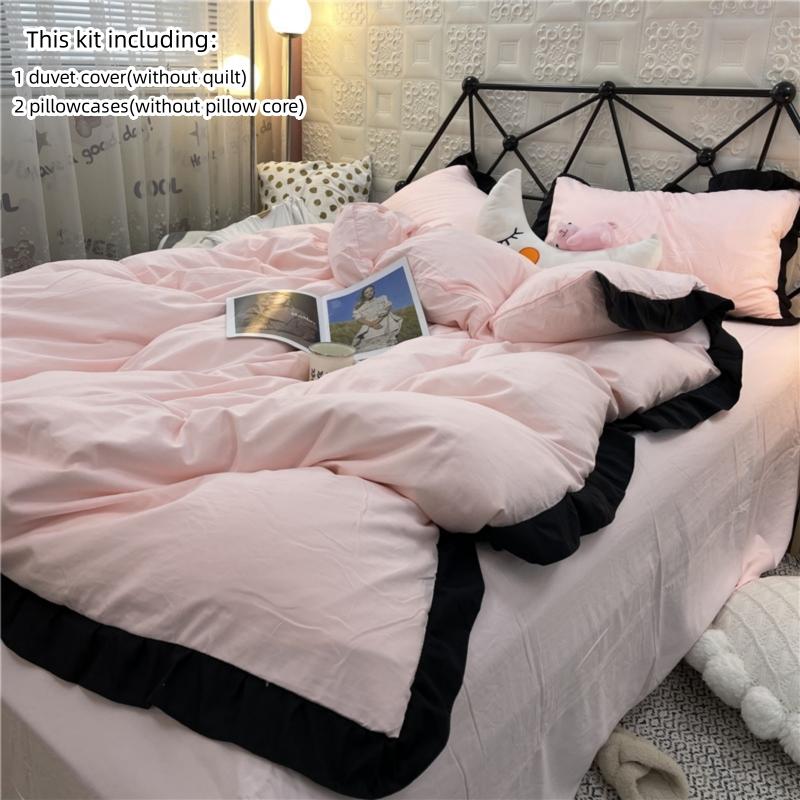 Roze Kant Geborduurd Dekbedovertrek Set 3 Delen met 2 Kussenslopen Geen Dekbed Inbegrepen 150x210cm 3pcs roze