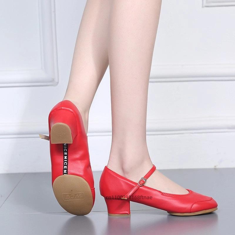 Female Dance Shoes with Soft Sole, Mid Heel, Dance Practice Shoes, Teacher's Four Season Ballroom Dance Two-point Shoes