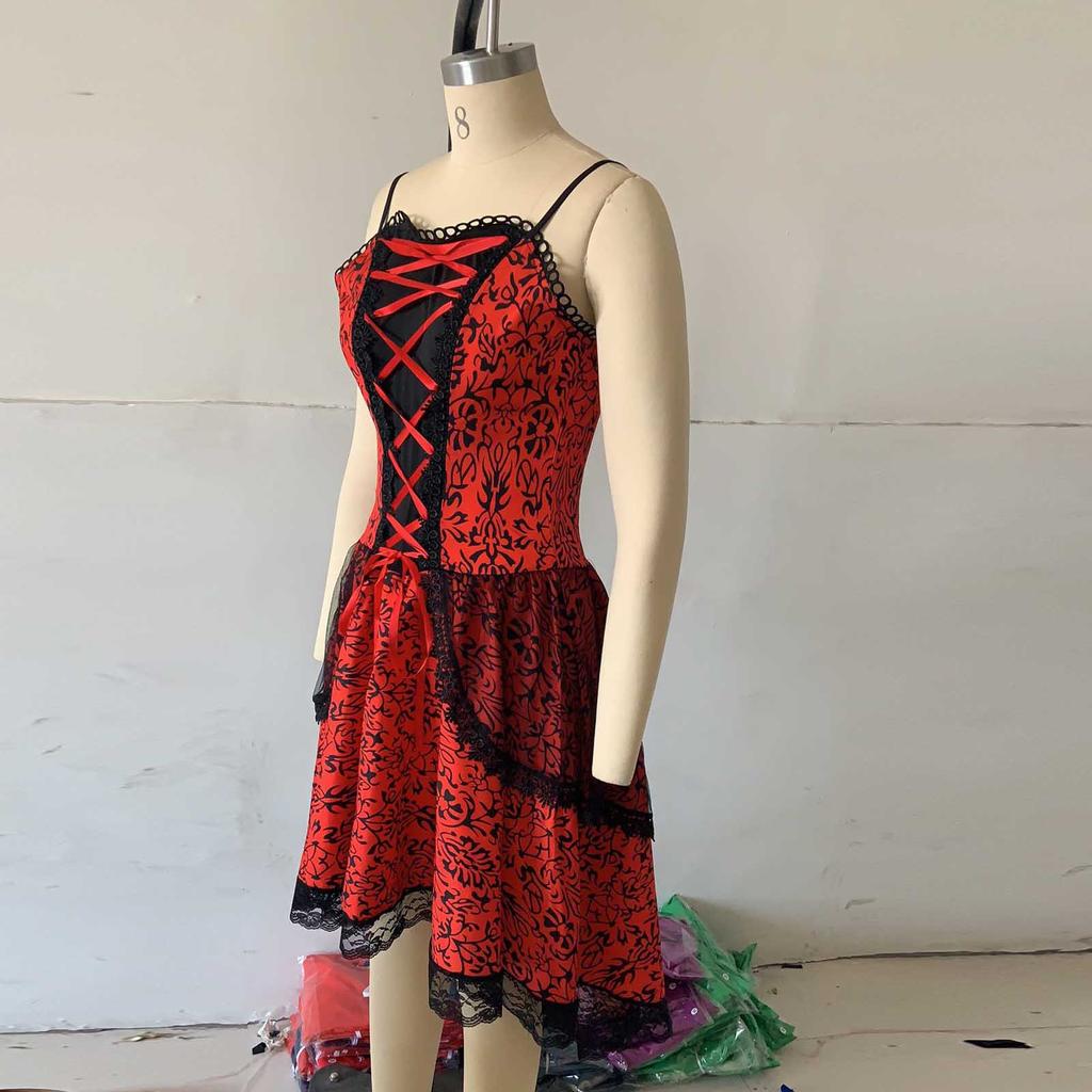 Women's Fashion Print  Dress Vintage Lace Straps Large Irregular Hem Dress