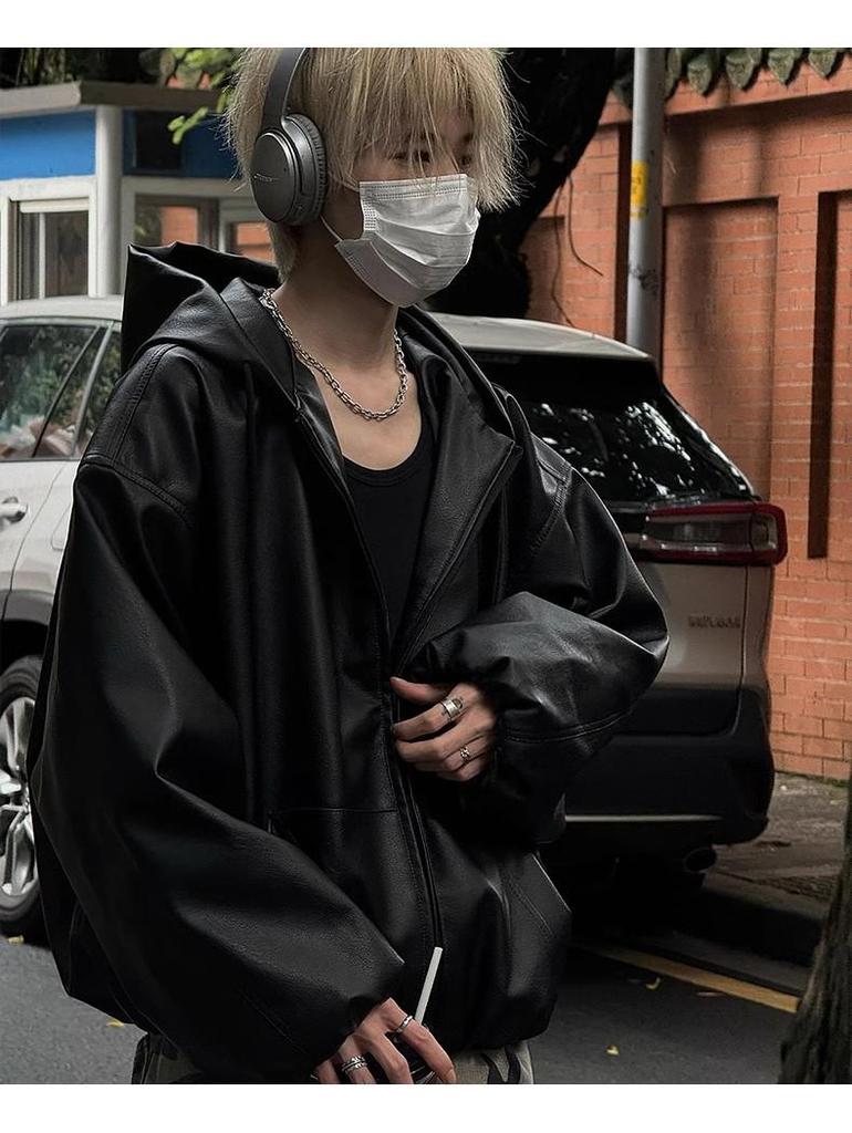 Chaqueta Retro Negra de Cuero PU para Hombre con Capucha - Estilo Béisbol de Primavera/Otoño