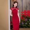 Elegant Red Lace Sleeveless Cheongsam Dress Wedding Guest Bridal Shower Banquet Chinese Style Long Qipao With High Slit